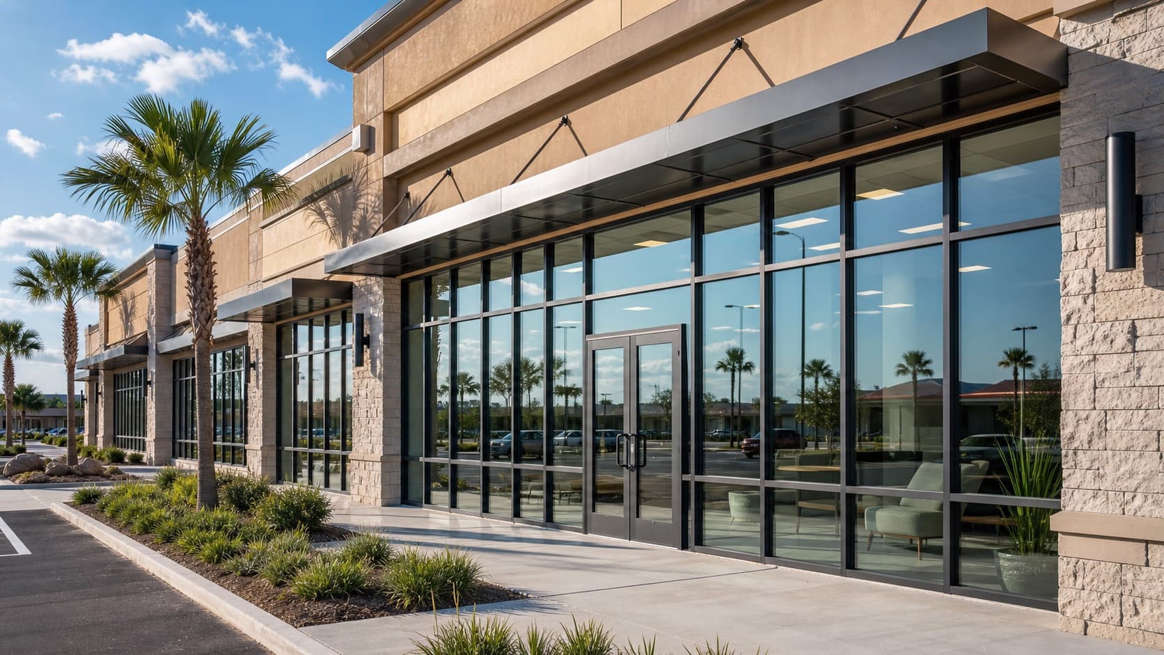 Representative South Texas commercial building with clean glass panels and entrance glazing
