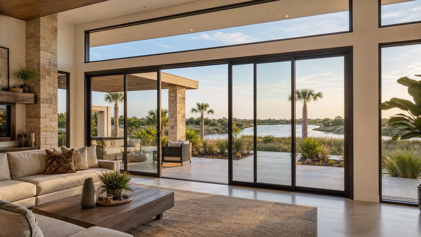 Representative modern South Texas home interior with expansive glass doors and natural light
