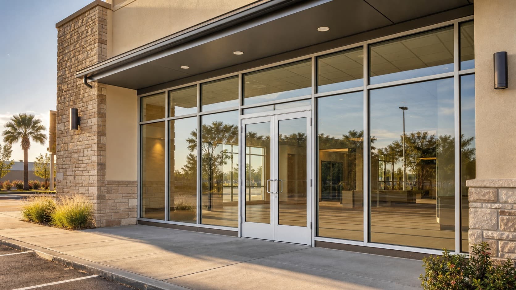 Representative retail storefront with clean glass doors and aluminum framing